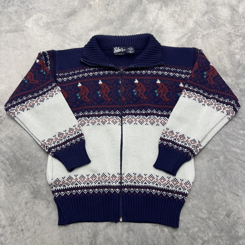 Vintage Blair Mens Small Full Zip Nordic Fair Isle Skiing Bigfoot Sweater Navy